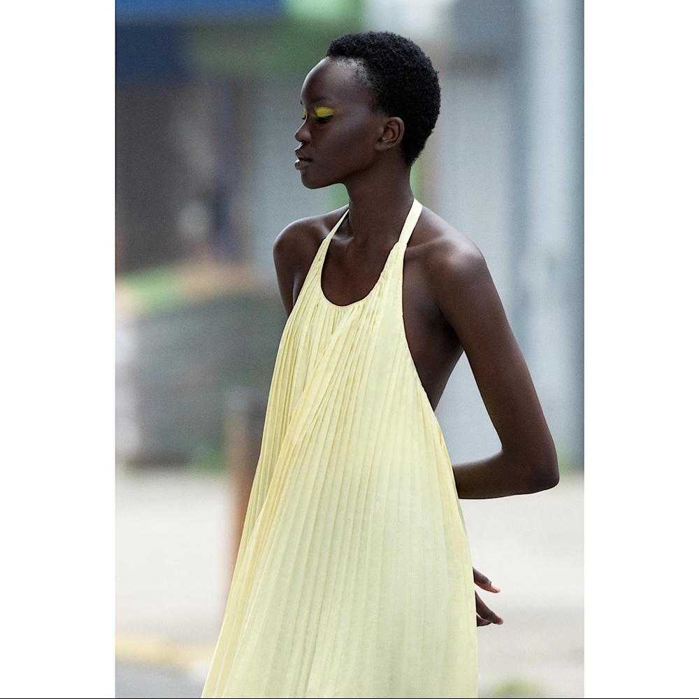 Zara Yellow Pleated Halter Dress